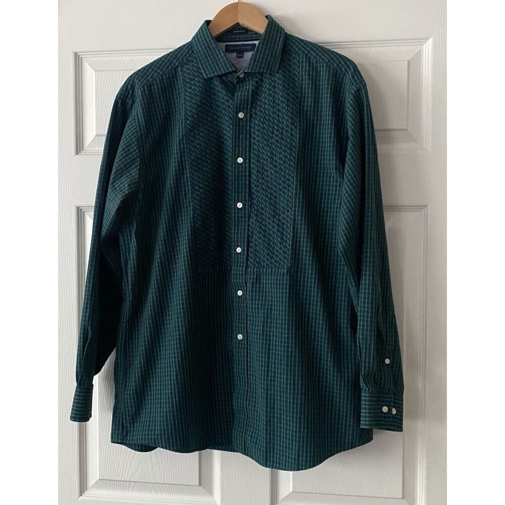 Tommy Hilfiger Men's green plaid button up shirt size 16 1/2 34-35 regular fit